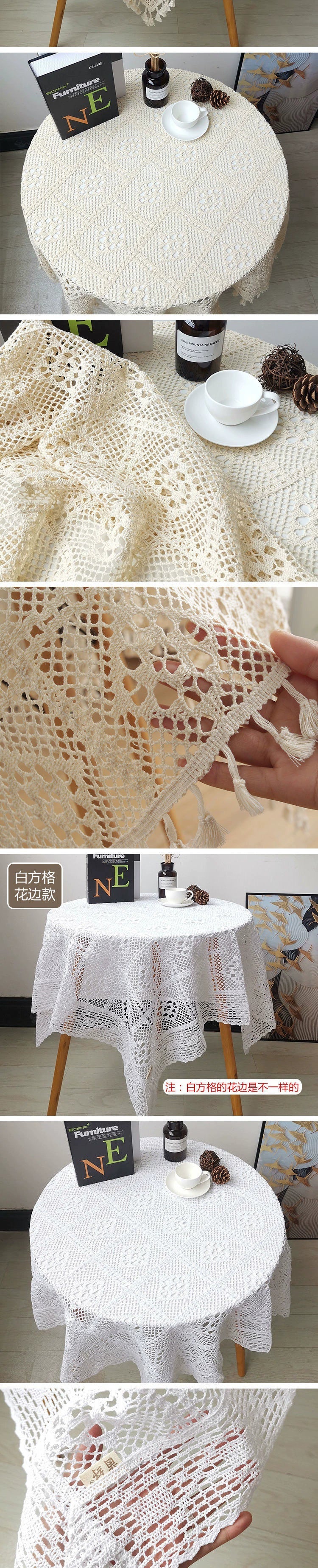 Mori Style Cotton Crochet Tablecloth Vintage Dining Table Coffee Table Cover Towel Flower Lace Knitted Cover Cloth Hollow Tassel round Tablecloth