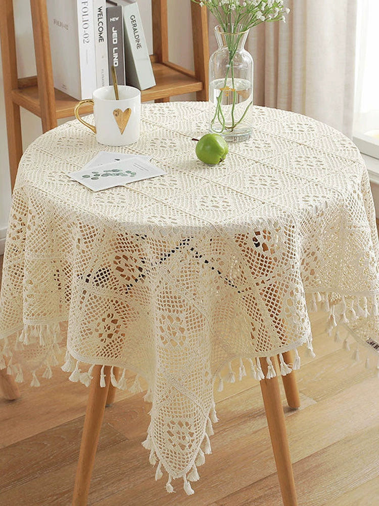 Mori Style Cotton Crochet Tablecloth Vintage Dining Table Coffee Table Cover Towel Flower Lace Knitted Cover Cloth Hollow Tassel round Tablecloth