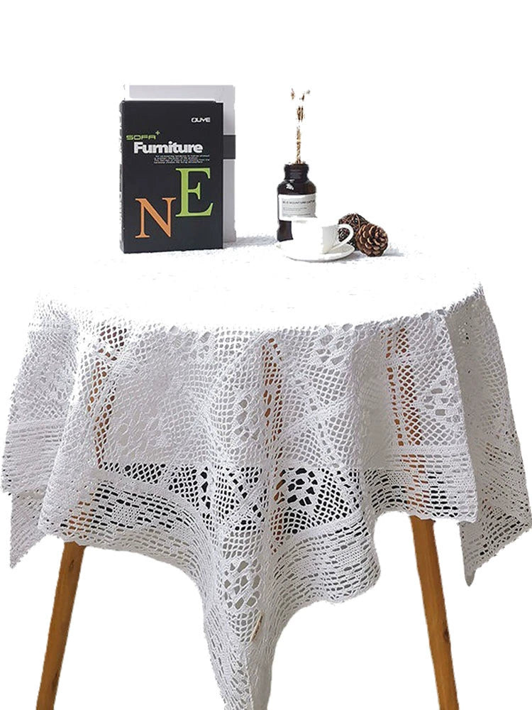 Mori Style Cotton Crochet Tablecloth Vintage Dining Table Coffee Table Cover Towel Flower Lace Knitted Cover Cloth Hollow Tassel round Tablecloth