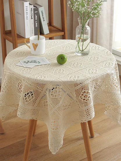 Mori Style Cotton Crochet Tablecloth Vintage Dining Table Coffee Table Cover Towel Flower Lace Knitted Cover Cloth Hollow Tassel round Tablecloth