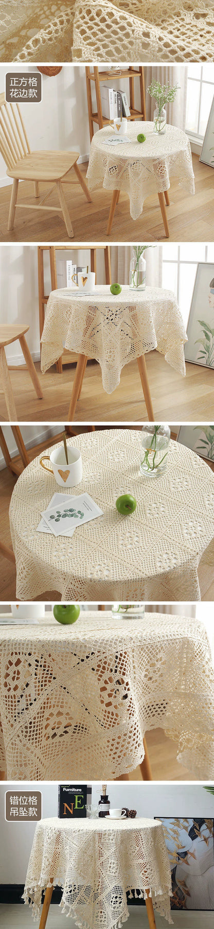 Mori Style Cotton Crochet Tablecloth Vintage Dining Table Coffee Table Cover Towel Flower Lace Knitted Cover Cloth Hollow Tassel round Tablecloth