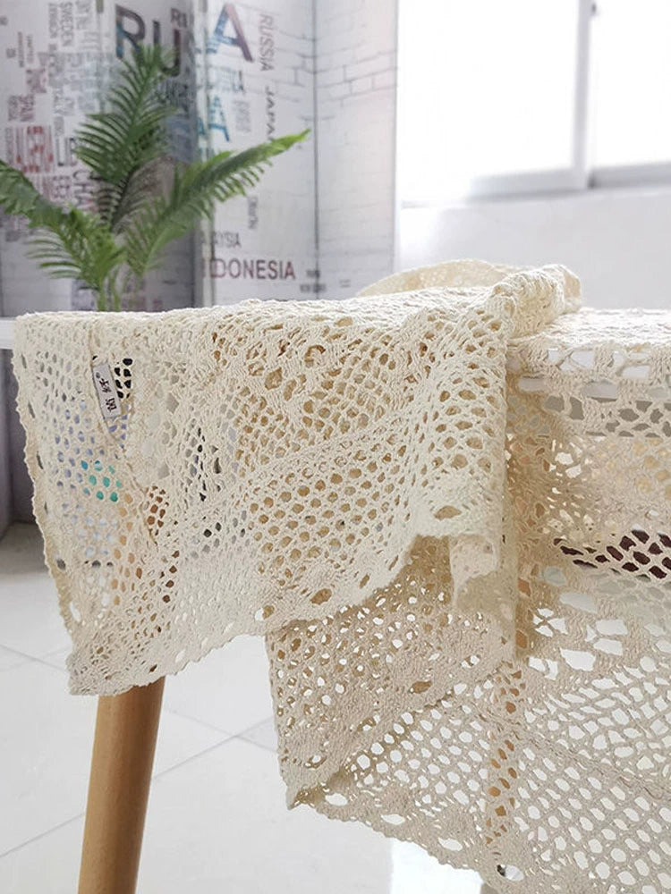 Mori Style Cotton Crochet Tablecloth Vintage Dining Table Coffee Table Cover Towel Flower Lace Knitted Cover Cloth Hollow Tassel round Tablecloth