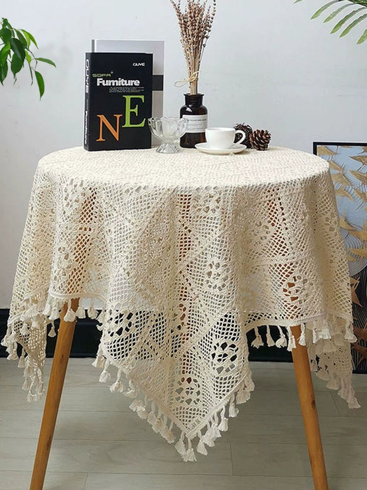 Mori Style Cotton Crochet Tablecloth Vintage Dining Table Coffee Table Cover Towel Flower Lace Knitted Cover Cloth Hollow Tassel round Tablecloth