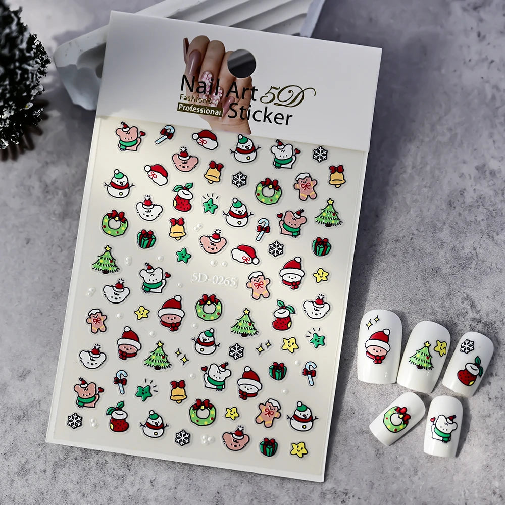 Christmas 5D Embossed Snowman Snowflakes Nail Art Stickers 8*10cm Cartoon Santa Claus Elk Christmas Decal DIY Manicure Decals &*