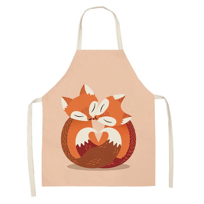 1Pcs Cute Fox Cat Pattern Apron Women Men Kids Waterproof Cooking Oil-proof Kitchen Cooking Bib Aprons Cotton Linen Home Textile