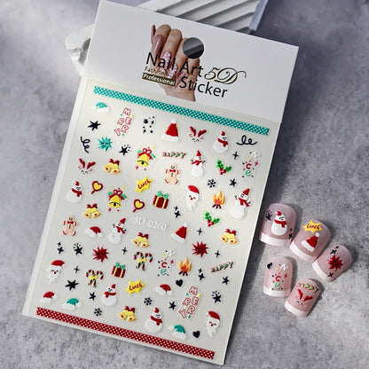 Christmas 5D Embossed Snowman Snowflakes Nail Art Stickers 8*10cm Cartoon Santa Claus Elk Christmas Decal DIY Manicure Decals &*