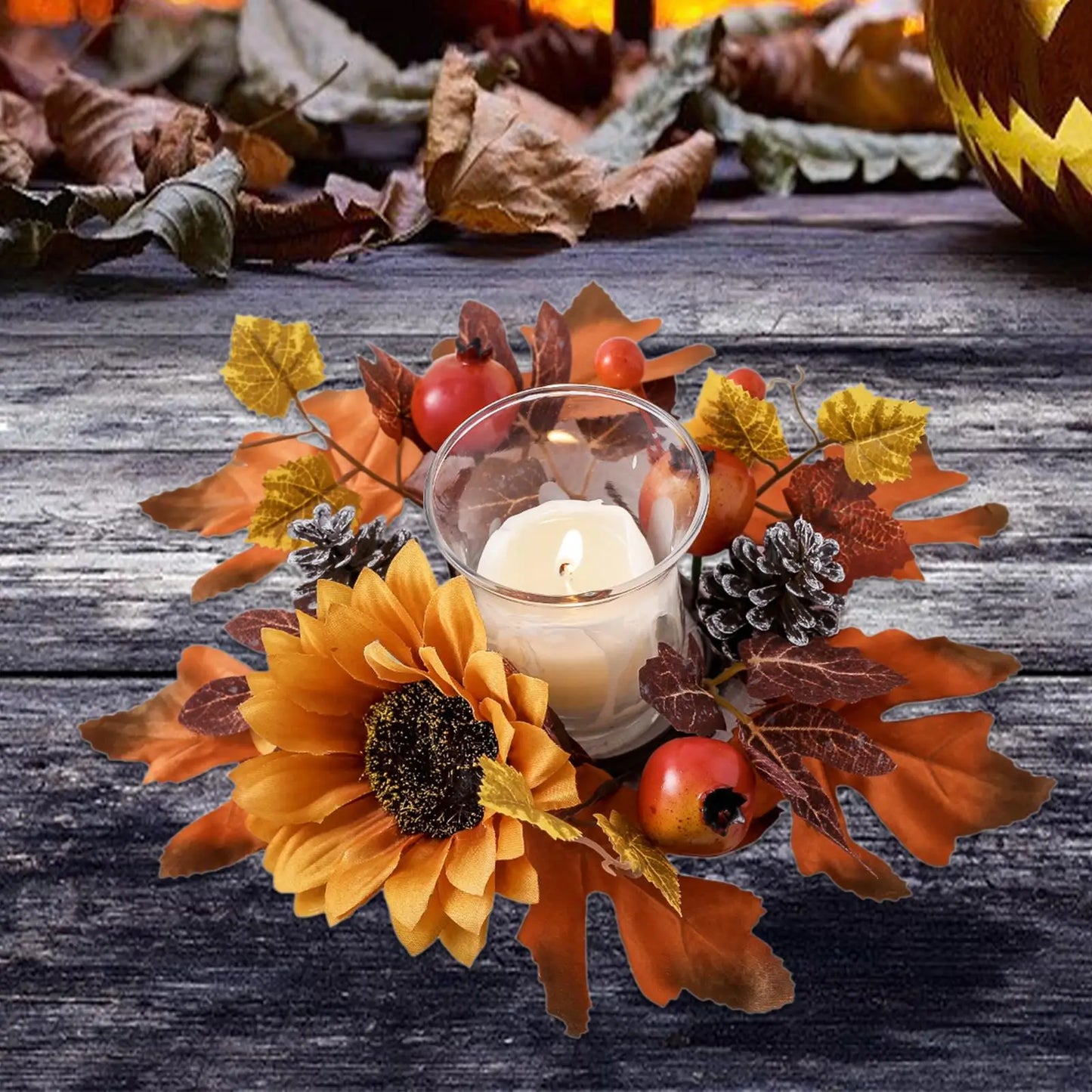 Candle Ring Artificial Wreath Ornament Maple Leaves Autumn Wreath for Thanksgiving Table Halloween Centerpieces Home Festival