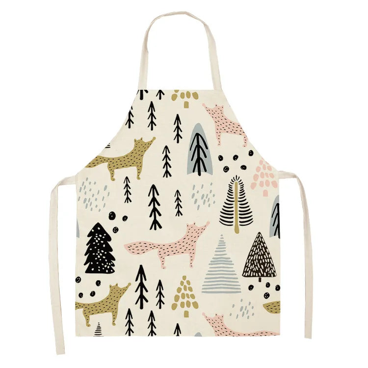 1Pcs Cute Fox Cat Pattern Apron Women Men Kids Waterproof Cooking Oil-proof Kitchen Cooking Bib Aprons Cotton Linen Home Textile