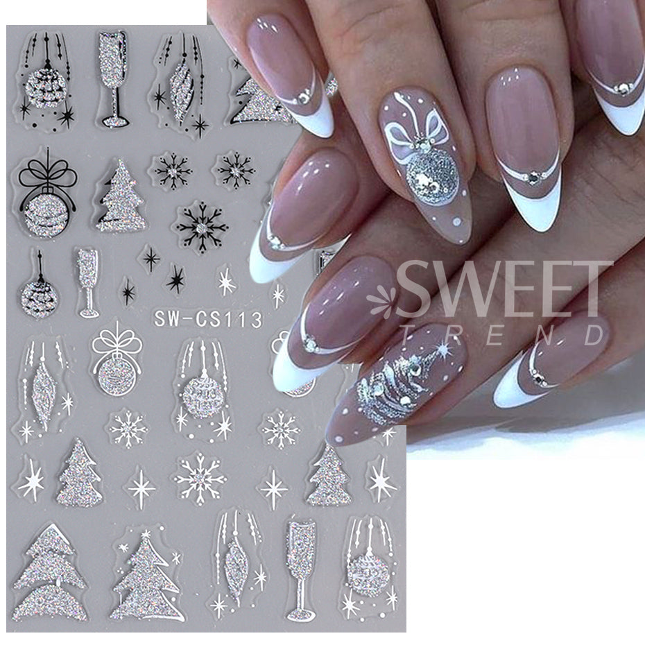 Silver Glitter Christmas Nail Stickers 3D Winter Tree Snowflake Feather Leaf Lantern Gift Wine Holographic Manicure Slider Tips