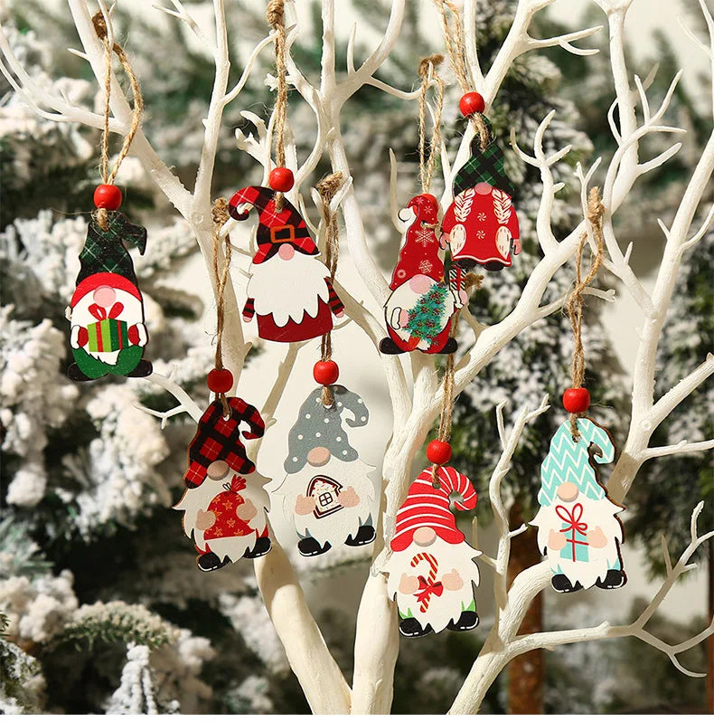 9/12pcs Christmas Dwarf Wooden Pendant Tree Hanging Ornaments New Year 2024 Christmas Gift Decorations Noel Home Decor