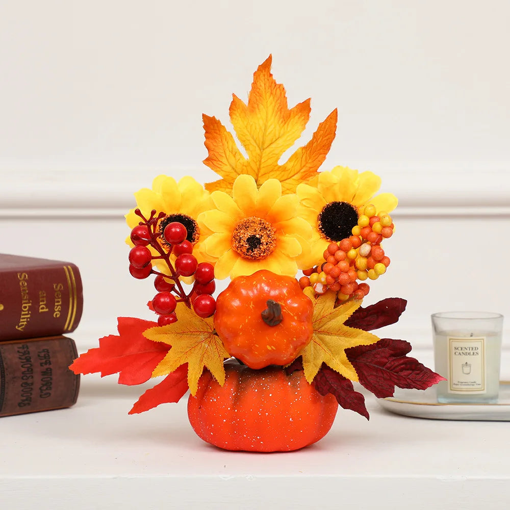 Autumn Harvest Artificial Pumpkin Sunflower Ornament Realistic Flower Simulation Decoration Party Fall Home Window Decor Props