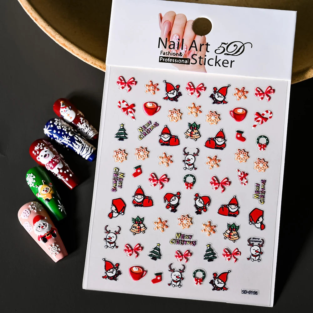 Christmas 5D Embossed Snowman Snowflakes Nail Art Stickers 8*10cm Cartoon Santa Claus Elk Christmas Decal DIY Manicure Decals &*