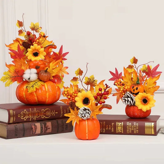 Autumn Harvest Artificial Pumpkin Sunflower Ornament Realistic Flower Simulation Decoration Party Fall Home Window Decor Props