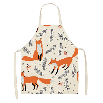 1Pcs Cute Fox Cat Pattern Apron Women Men Kids Waterproof Cooking Oil-proof Kitchen Cooking Bib Aprons Cotton Linen Home Textile