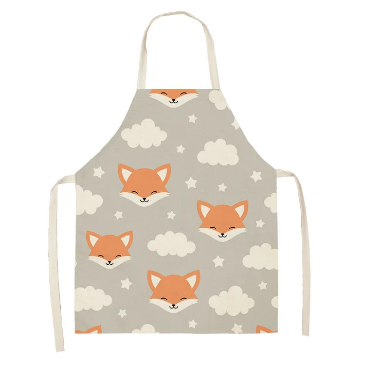 1Pcs Cute Fox Cat Pattern Apron Women Men Kids Waterproof Cooking Oil-proof Kitchen Cooking Bib Aprons Cotton Linen Home Textile