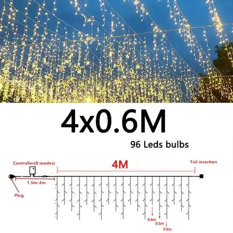 4M Christmas Garland LED Curtain Icicle String lights Faiy Light Droop 0.4-0.6m Xmas Garden Street Outdoor Decorative Lighting