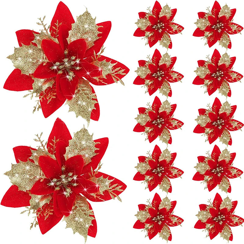 5pcs 14.5cm Glitter Artificial Christmas Flowers Christmas Tree Decoration Happy New Year Ornaments Xmas Fake Flowers