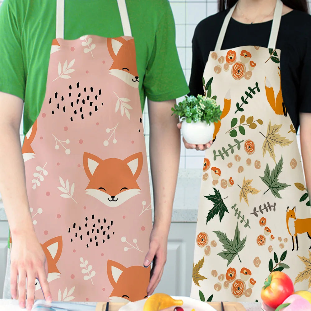 1Pcs Cute Fox Cat Pattern Apron Women Men Kids Waterproof Cooking Oil-proof Kitchen Cooking Bib Aprons Cotton Linen Home Textile