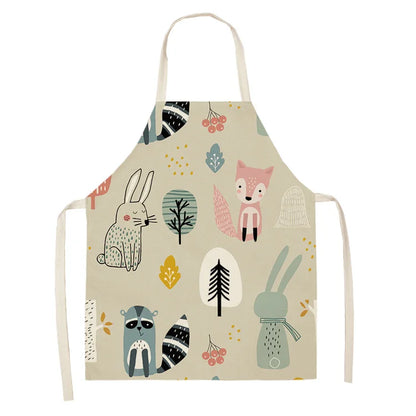 1Pcs Cute Fox Cat Pattern Apron Women Men Kids Waterproof Cooking Oil-proof Kitchen Cooking Bib Aprons Cotton Linen Home Textile