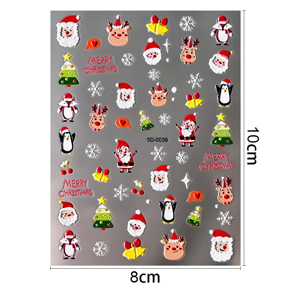 Christmas 5D Embossed Snowman Snowflakes Nail Art Stickers 8*10cm Cartoon Santa Claus Elk Christmas Decal DIY Manicure Decals &*