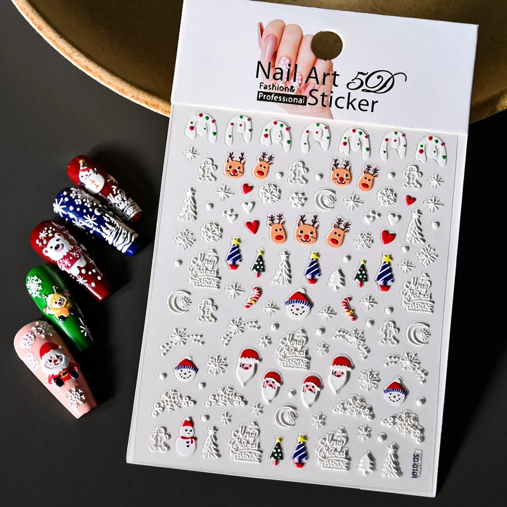 Christmas 5D Embossed Snowman Snowflakes Nail Art Stickers 8*10cm Cartoon Santa Claus Elk Christmas Decal DIY Manicure Decals &*