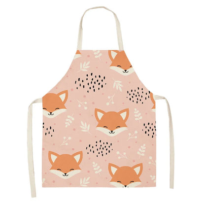 1Pcs Cute Fox Cat Pattern Apron Women Men Kids Waterproof Cooking Oil-proof Kitchen Cooking Bib Aprons Cotton Linen Home Textile