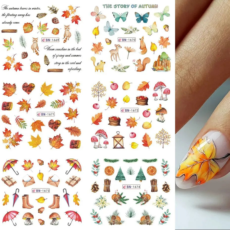 12pcs Fall Gold Leaves Nail Stickers Sliders for Manicure Maple Leaf Nail Art Water Transfer Decals Foils Autumn Decorations