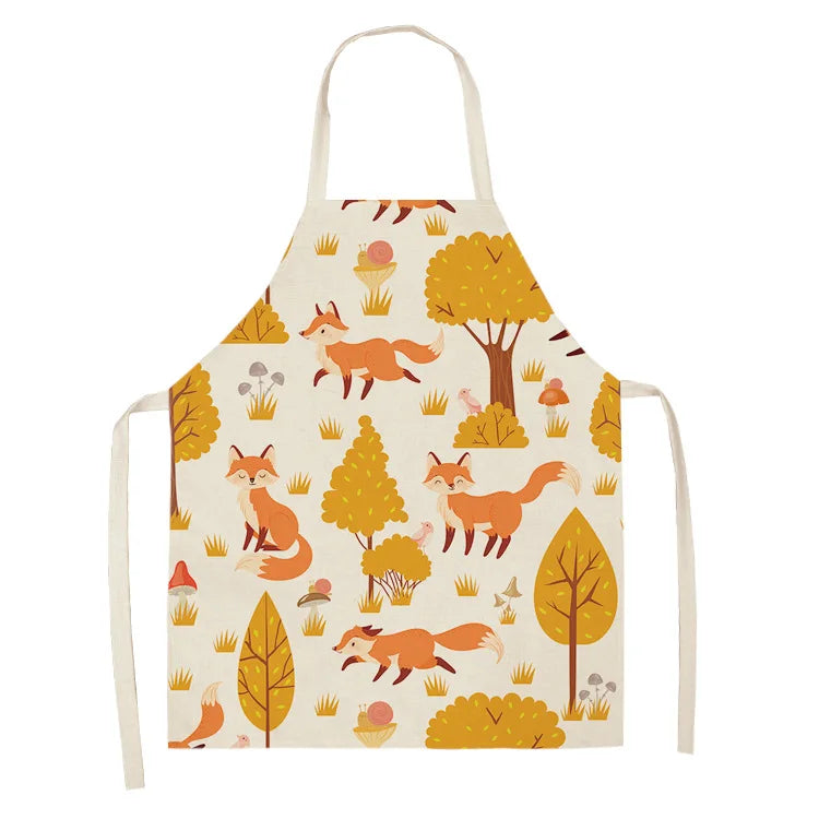 1Pcs Cute Fox Cat Pattern Apron Women Men Kids Waterproof Cooking Oil-proof Kitchen Cooking Bib Aprons Cotton Linen Home Textile