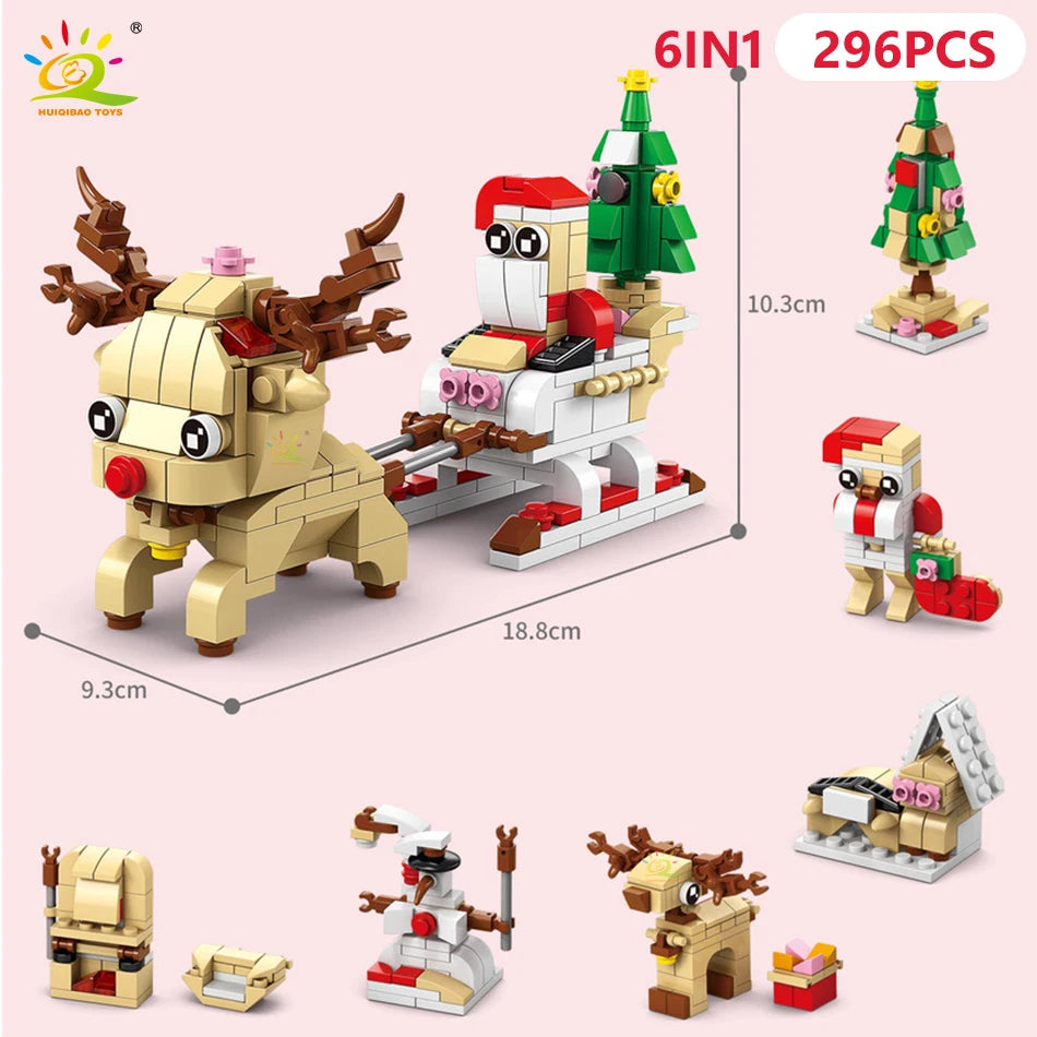 HUIQIBAO 6IN1 Christmas Elk Deer Santa Claus Building Blocks City Snow House Xmas Tree Bricks Set Toys for Children Kids Gift