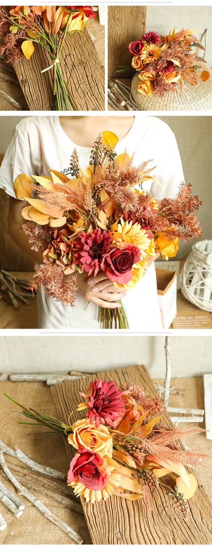 Yannew Boho Terracotta Bouquets Room Decor DIY Silk Artificial Flower Bridal Bouquet for Rustic Wedding Home Floral Centerpieces