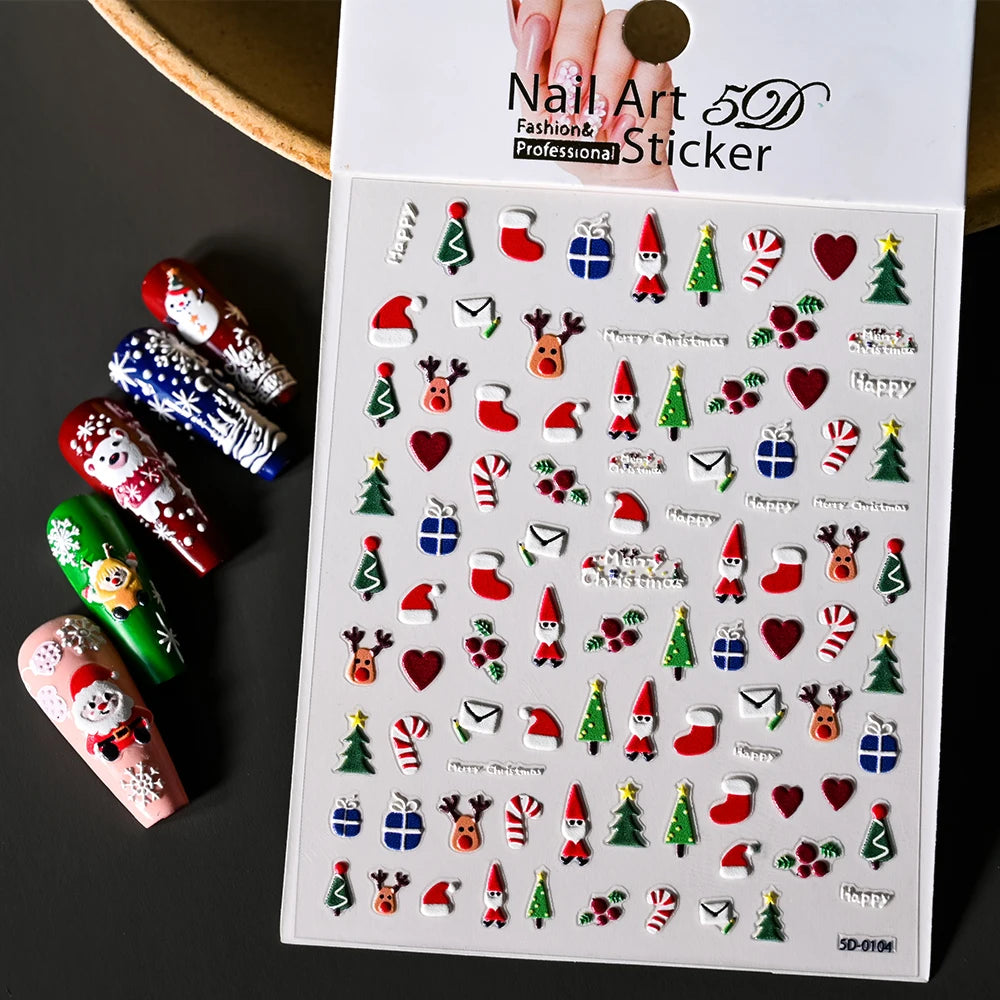 Christmas 5D Embossed Snowman Snowflakes Nail Art Stickers 8*10cm Cartoon Santa Claus Elk Christmas Decal DIY Manicure Decals &*