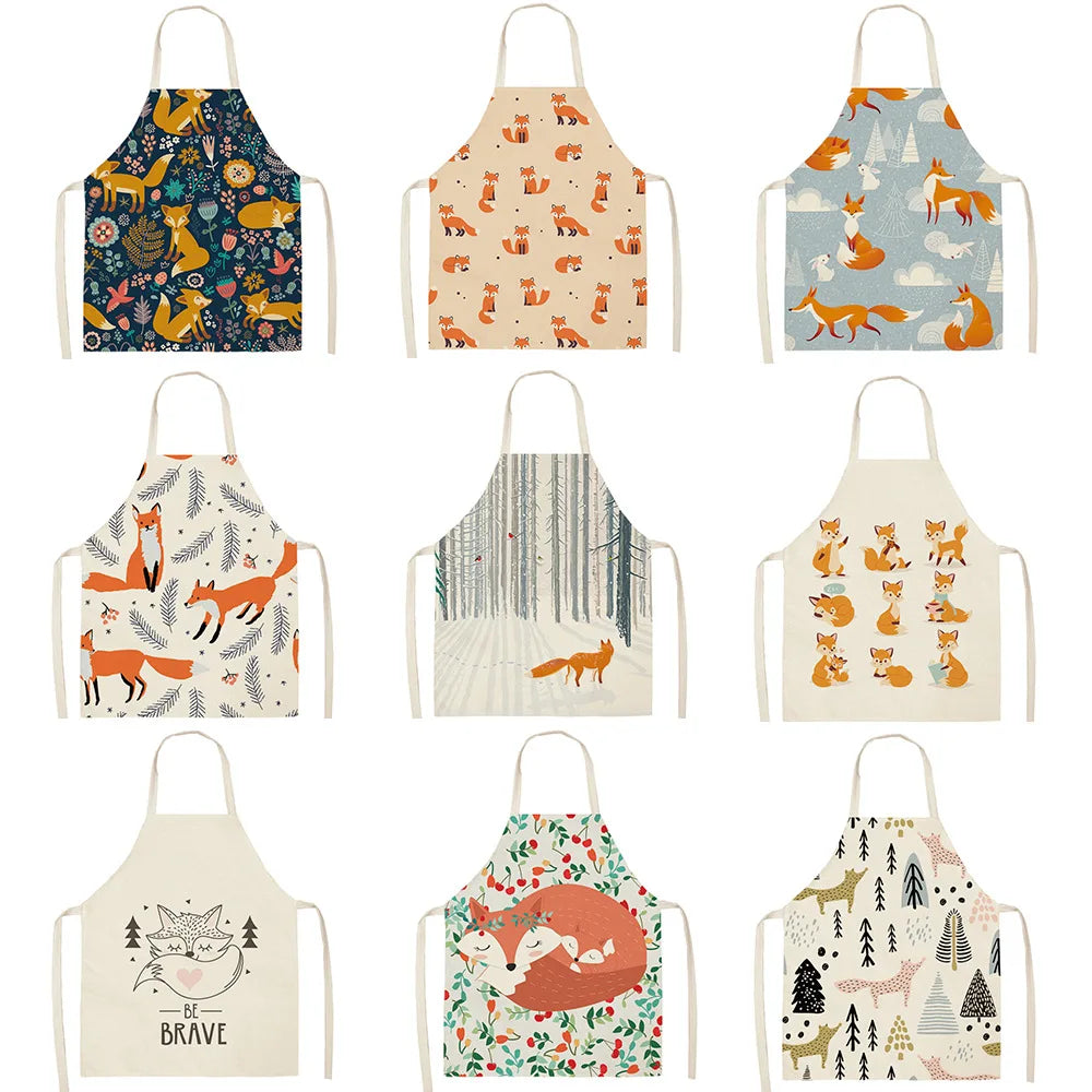 1Pcs Cute Fox Cat Pattern Apron Women Men Kids Waterproof Cooking Oil-proof Kitchen Cooking Bib Aprons Cotton Linen Home Textile