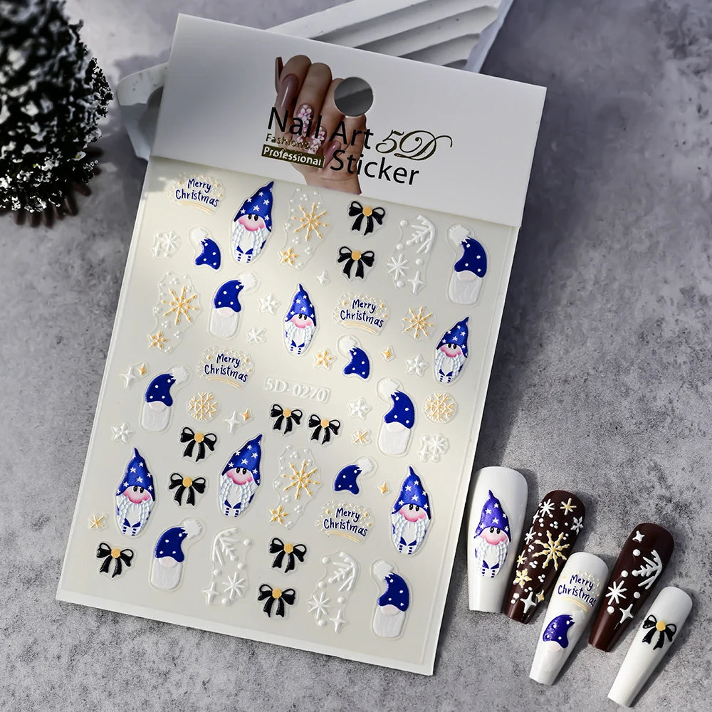 Christmas 5D Embossed Snowman Snowflakes Nail Art Stickers 8*10cm Cartoon Santa Claus Elk Christmas Decal DIY Manicure Decals &*