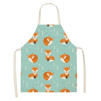 1Pcs Cute Fox Cat Pattern Apron Women Men Kids Waterproof Cooking Oil-proof Kitchen Cooking Bib Aprons Cotton Linen Home Textile