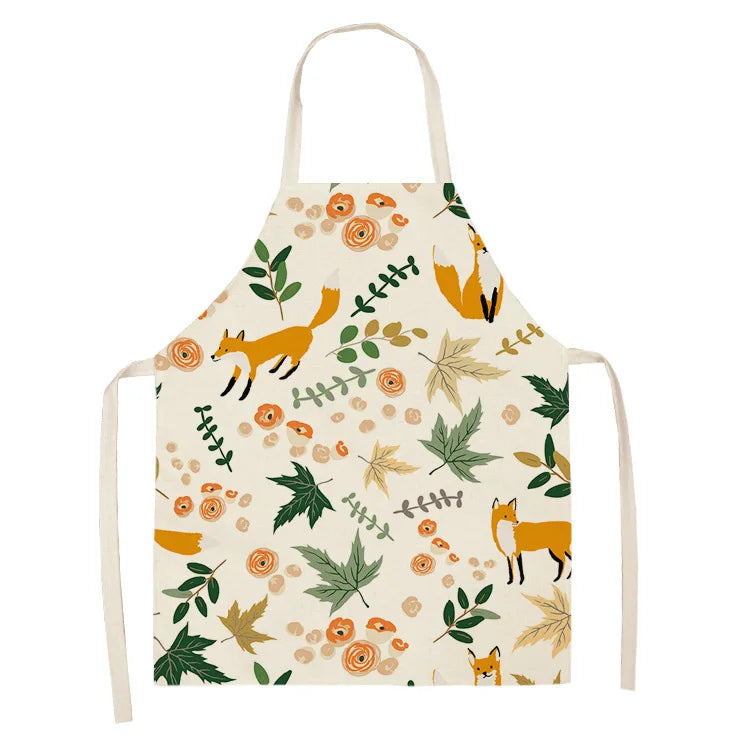 1Pcs Cute Fox Cat Pattern Apron Women Men Kids Waterproof Cooking Oil-proof Kitchen Cooking Bib Aprons Cotton Linen Home Textile