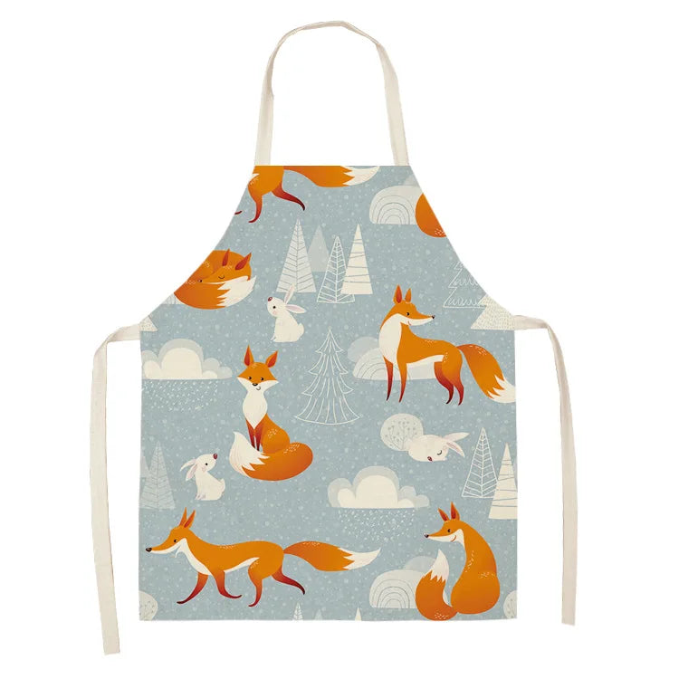 1Pcs Cute Fox Cat Pattern Apron Women Men Kids Waterproof Cooking Oil-proof Kitchen Cooking Bib Aprons Cotton Linen Home Textile