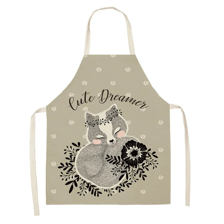 1Pcs Cute Fox Cat Pattern Apron Women Men Kids Waterproof Cooking Oil-proof Kitchen Cooking Bib Aprons Cotton Linen Home Textile