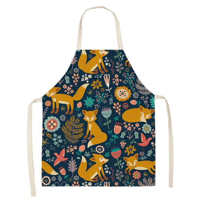 1Pcs Cute Fox Cat Pattern Apron Women Men Kids Waterproof Cooking Oil-proof Kitchen Cooking Bib Aprons Cotton Linen Home Textile