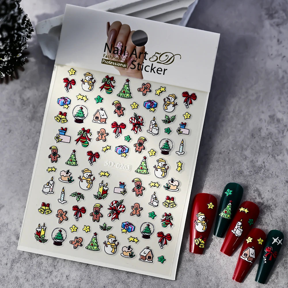 Christmas 5D Embossed Snowman Snowflakes Nail Art Stickers 8*10cm Cartoon Santa Claus Elk Christmas Decal DIY Manicure Decals &*