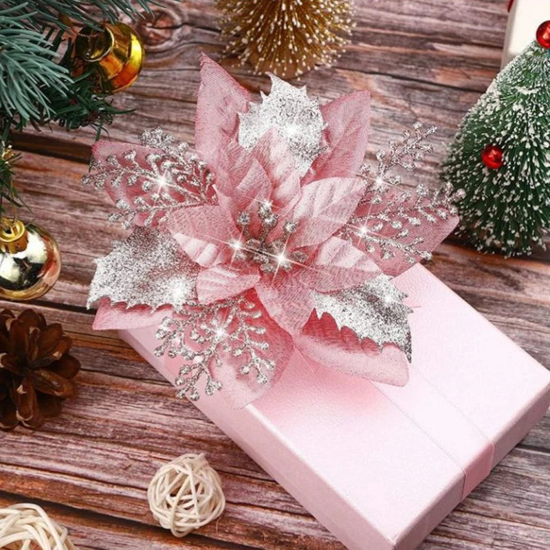 5pcs 14.5cm Glitter Artificial Christmas Flowers Christmas Tree Decoration Happy New Year Ornaments Xmas Fake Flowers