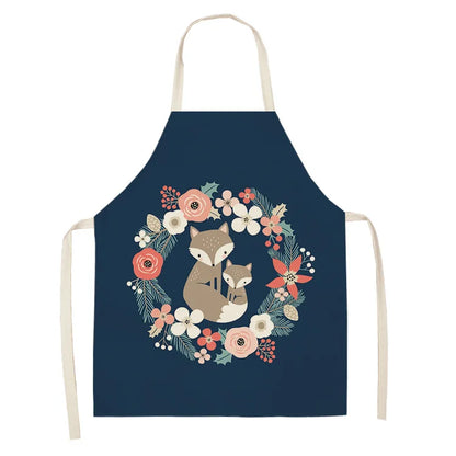 1Pcs Cute Fox Cat Pattern Apron Women Men Kids Waterproof Cooking Oil-proof Kitchen Cooking Bib Aprons Cotton Linen Home Textile