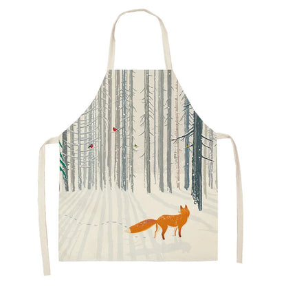 1Pcs Cute Fox Cat Pattern Apron Women Men Kids Waterproof Cooking Oil-proof Kitchen Cooking Bib Aprons Cotton Linen Home Textile