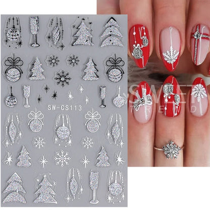 Silver Glitter Christmas Nail Stickers 3D Winter Tree Snowflake Feather Leaf Lantern Gift Wine Holographic Manicure Slider Tips