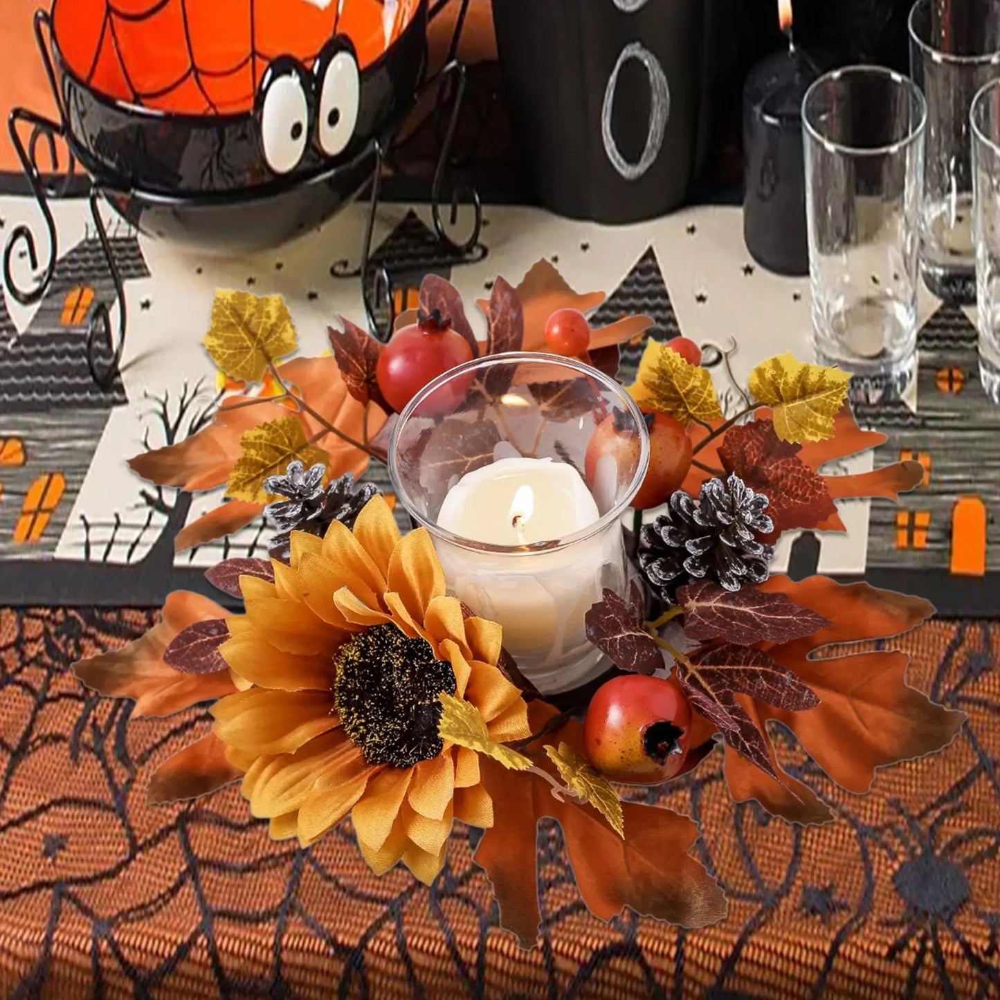 Candle Ring Artificial Wreath Ornament Maple Leaves Autumn Wreath for Thanksgiving Table Halloween Centerpieces Home Festival