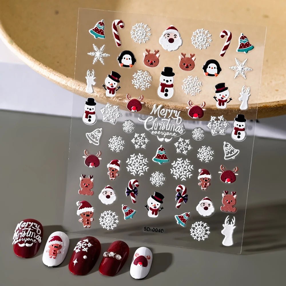 Christmas 5D Embossed Snowman Snowflakes Nail Art Stickers 8*10cm Cartoon Santa Claus Elk Christmas Decal DIY Manicure Decals &*