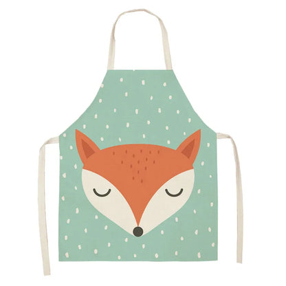 1Pcs Cute Fox Cat Pattern Apron Women Men Kids Waterproof Cooking Oil-proof Kitchen Cooking Bib Aprons Cotton Linen Home Textile