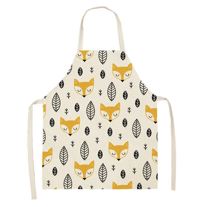 1Pcs Cute Fox Cat Pattern Apron Women Men Kids Waterproof Cooking Oil-proof Kitchen Cooking Bib Aprons Cotton Linen Home Textile