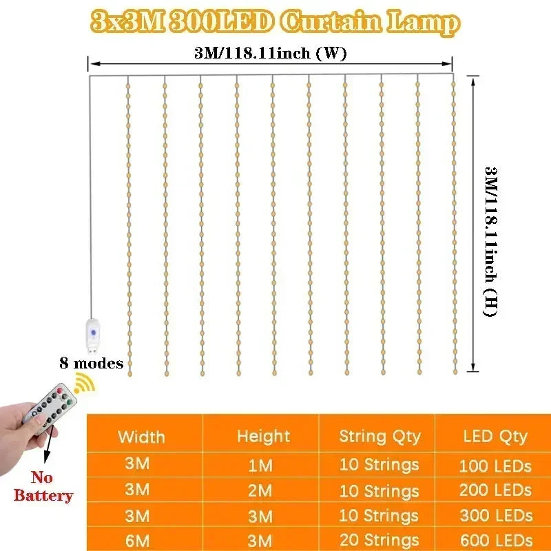 LED Curtain Lights USB Remote Control Fairy String Lights Window New Year Garland Lamp Christmas Festival Lighting