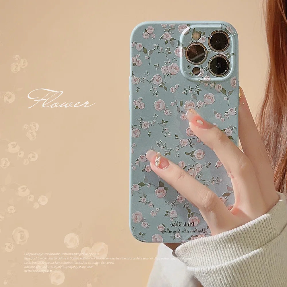 Retro Small Floral Rose Flower Pattern Cover Case for iPhone 16 15 14 13 12 11 Pro Max Plus Phone Shockproof Protective