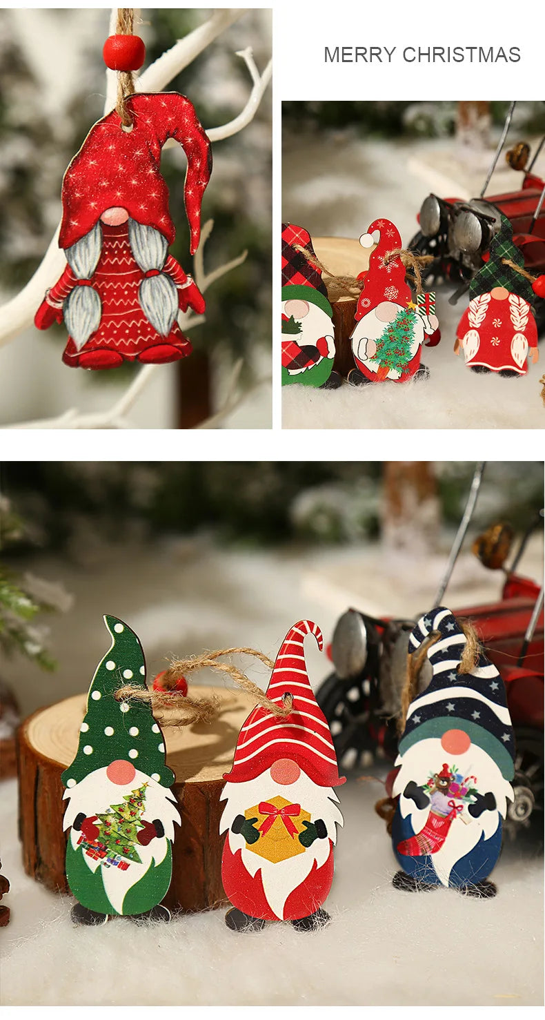 9/12pcs Christmas Dwarf Wooden Pendant Tree Hanging Ornaments New Year 2024 Christmas Gift Decorations Noel Home Decor